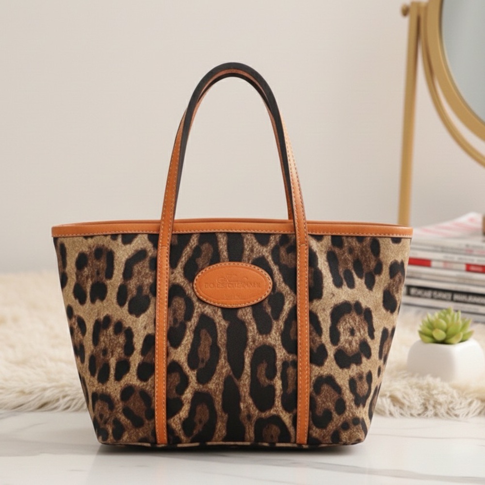 Dolce & Gabbana Leopard Print Canvas Leather‎ Trim Tote Italy